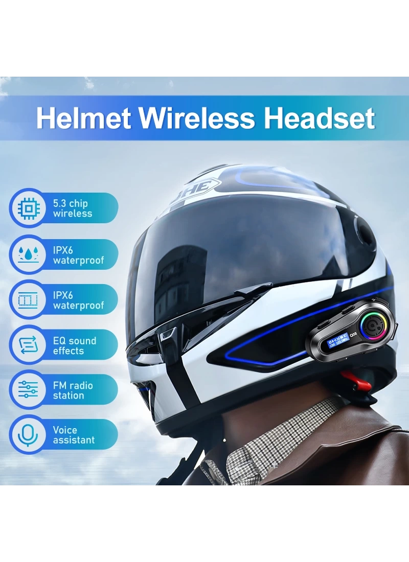 Q08 Kask Kulaklık FM LCD Ekranlı RGB Işıklı Motosiklet Bluetooth Kulaklık – IPX67 Su Geçirmez Gürültü Azaltma 1000mAh