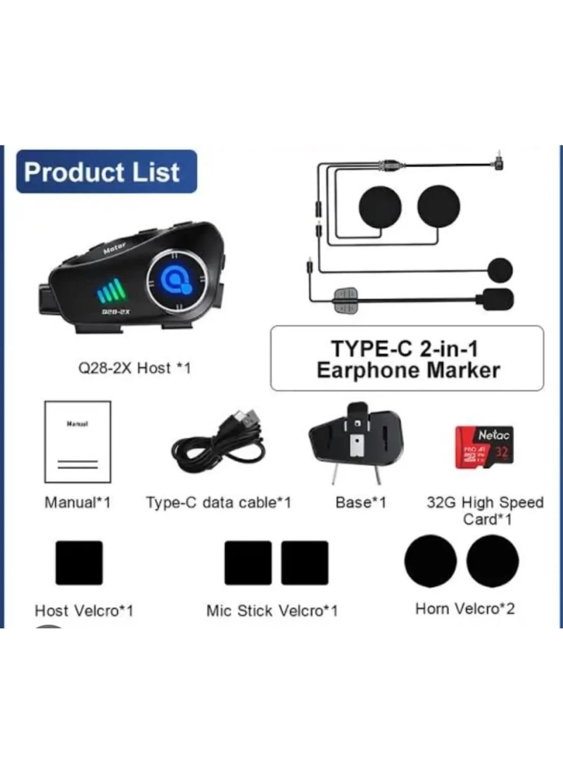 Q28 2X Motosiklet Kask Bluetooth İnterkomlu Kulaklık 1080p Kamera Su Geçirmez Intercom