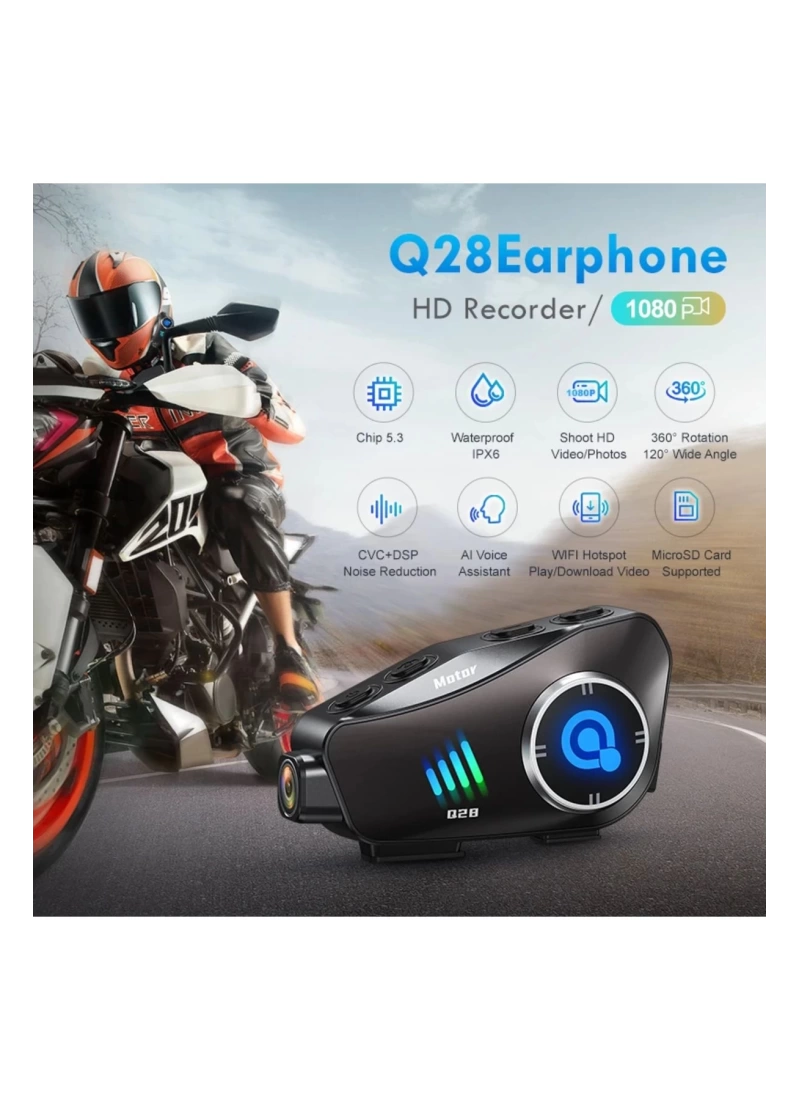 Q28 Motosiklet Kask Bluetooth Kulaklık 1080p Kamera Interkom Kulaklık Su Geçirmez Intercom