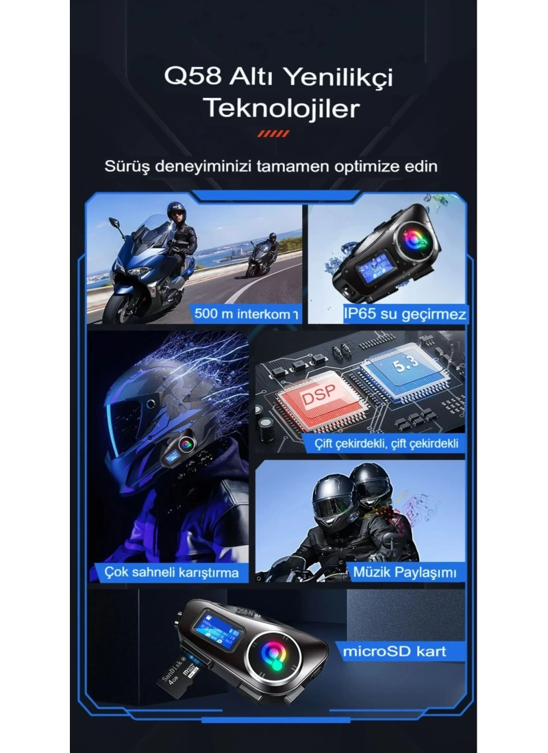Q58-MAX Radyolu 2 Kişi Bağlantılı Bluetooth Kask Kulaklık Ekranlı Fenerli Müzik ve Telsiz Intercom