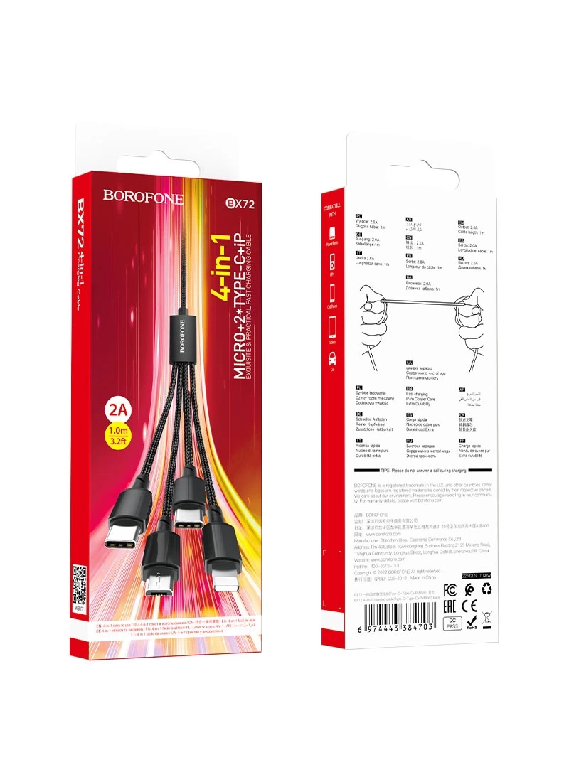 Şarj Kablosu 4in1 Iphone, Samsung, USB To 2xType-C/Micro-USB/Lightning Kablo 1M