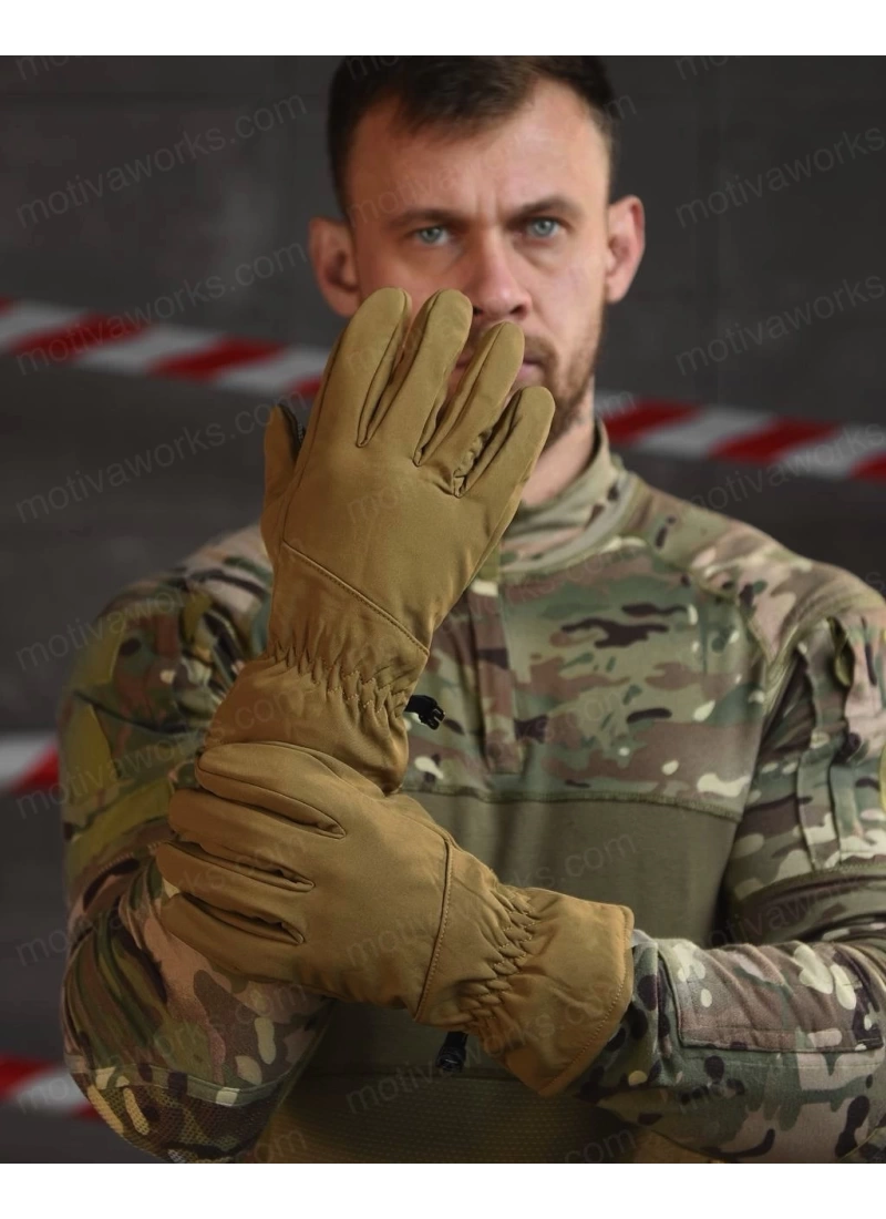 Su Geçirmez Softshell Çöl Sarısı Motosiklet Taktik Askeri Spor Kışlık Kar Balıkçı Eldiveni
