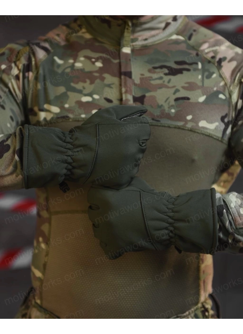 Su Geçirmez Softshell Haki Yeşil Motosiklet Taktik Askeri Spor Kışlık Kar Balıkçı Eldiveni