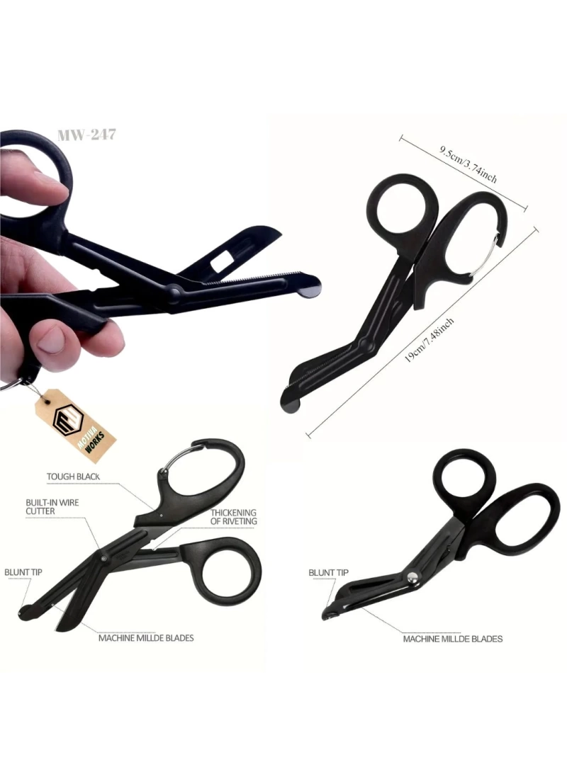 Taktik Süper Kesici Medikal Outdoor Askeri Av Tipi Karabinalı Makas Siyah MW247