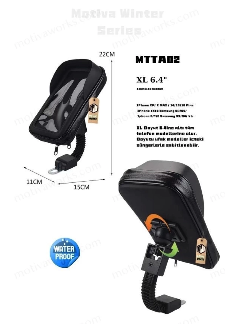 Telefon Tutucu Su Geçirmez Ayna Bağlantılı Güneşlikli XL 6.3 inch Büyük boy Evrensel Model MTTA02