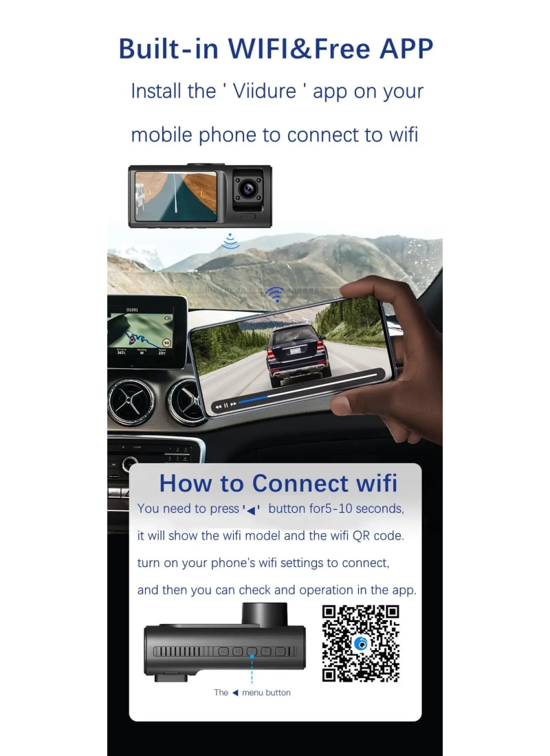 Wifi App 1080p Fhd WDR 170° Ultra Geniş Açı Gece Görüş G-sensörü 3 Kameralı Araç Kamerası