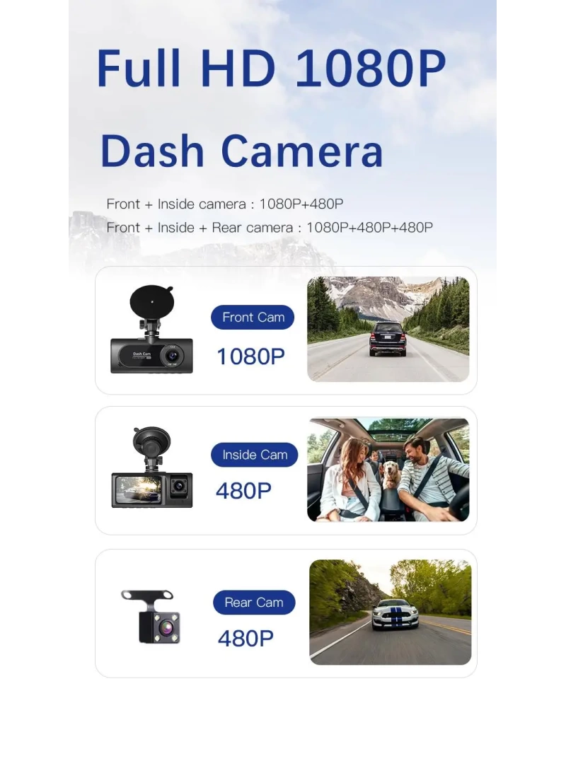 Wifi App 1080p Fhd WDR 170° Ultra Geniş Açı Gece Görüş G-sensörü 3 Kameralı Araç Kamerası
