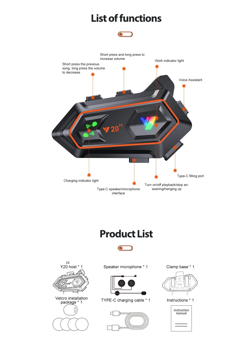 Y20 2X Intercom Motosiklet Kask Kulaklığı – 1000m Bağlantı, NC Gürültü Engelleme, IPX6, BT 5.3 İnterkom