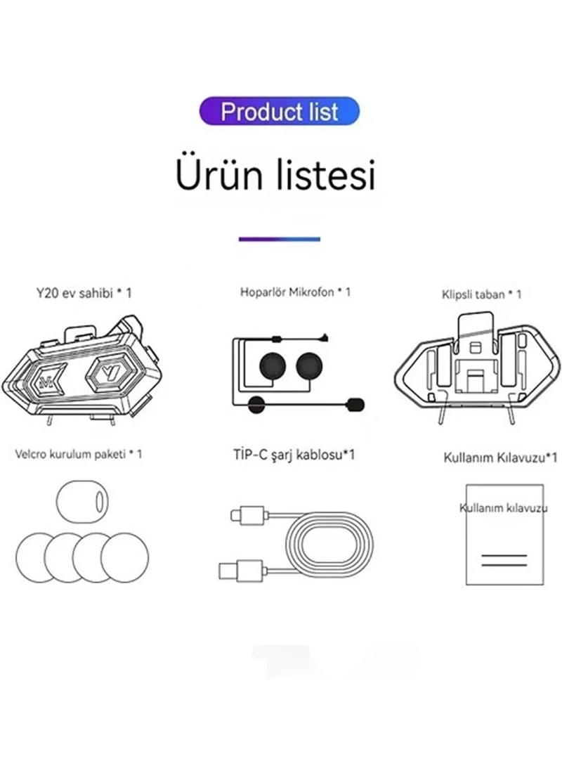 Y20 Motosiklet Kask Kulaklığı RGB Sesli Asistan Su Geçirmez NC Gürültü Engelleme, IPX6, BT 5.3