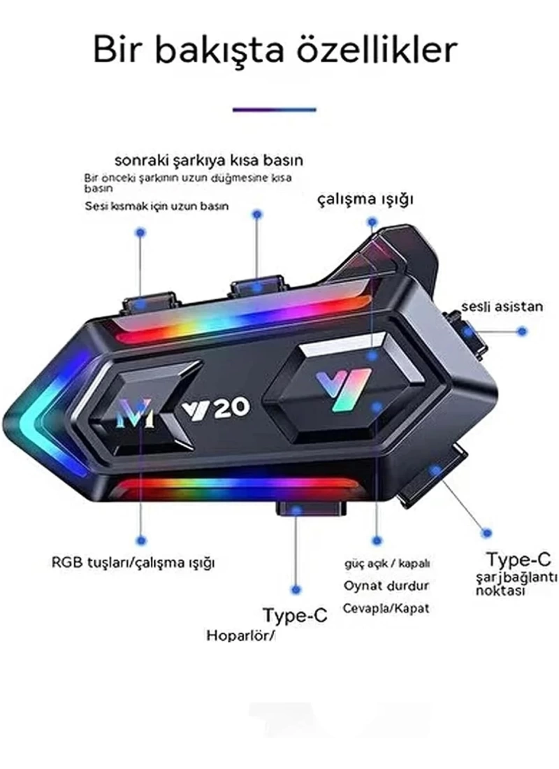 Y20 Motosiklet Kask Kulaklığı RGB Sesli Asistan Su Geçirmez NC Gürültü Engelleme, IPX6, BT 5.3