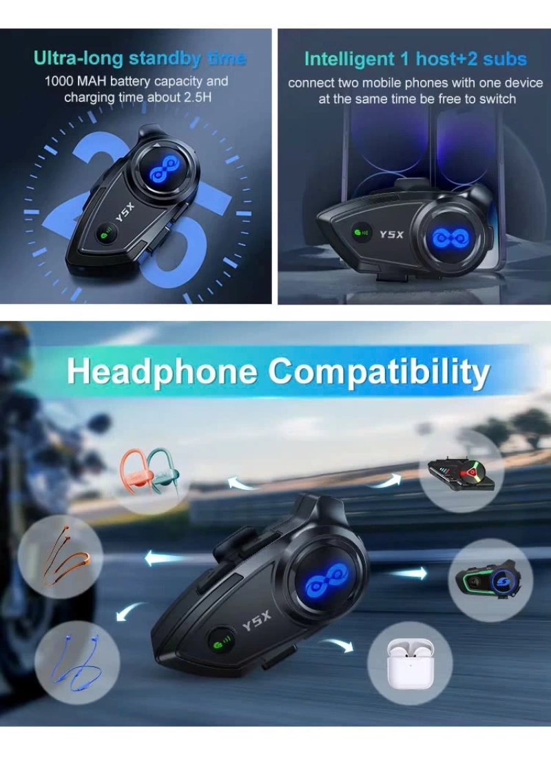 Y5X Motosiklet Kask Bluetooth Kulaklık 4lü Interkom Destekli, IPX6 Su Geçirmez, 1000mAh Batarya