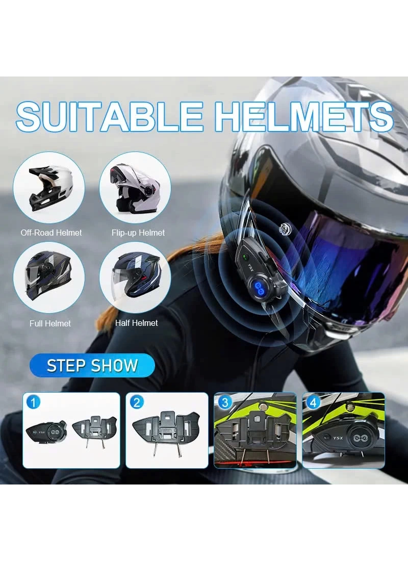 Y5X Motosiklet Kask Bluetooth Kulaklık 4lü Interkom Destekli, IPX6 Su Geçirmez, 1000mAh Batarya