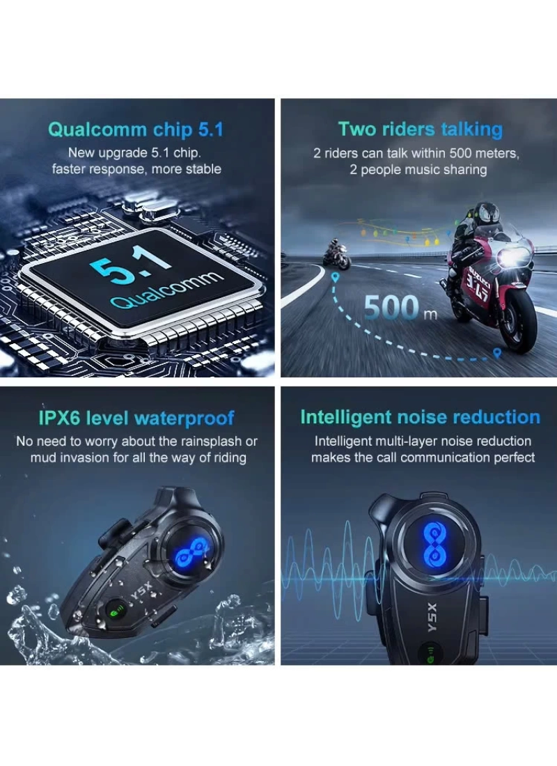 Y5X Motosiklet Kask Bluetooth Kulaklık 4lü Interkom Destekli, IPX6 Su Geçirmez, 1000mAh Batarya