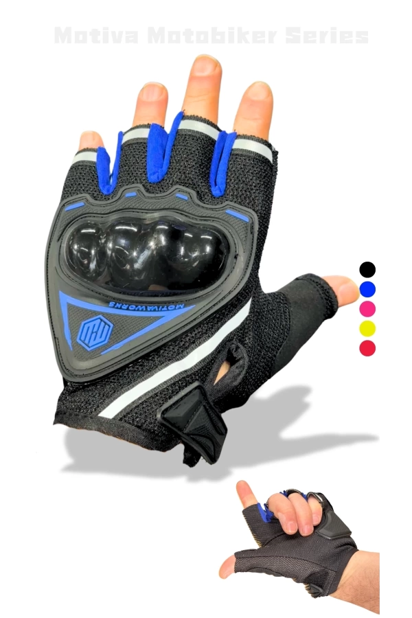 Motiva Works Blue Short Reflective Motorcycle Gloves MW120M