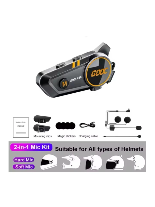 C50 2X Bluetooth 5.3 Kask Interkom Kulaklık 300M Kablosuz Motosiklet Kulaklık IPX7 Su Geçirmez 1100mA