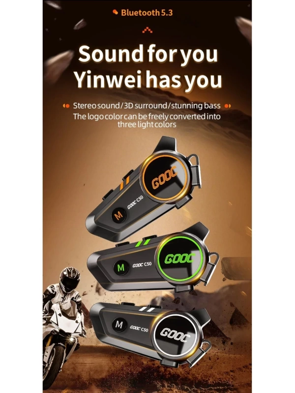 C50 2X Bluetooth 5.3 Kask Interkom Kulaklık 300M Kablosuz Motosiklet Kulaklık IPX7 Su Geçirmez 1100mA