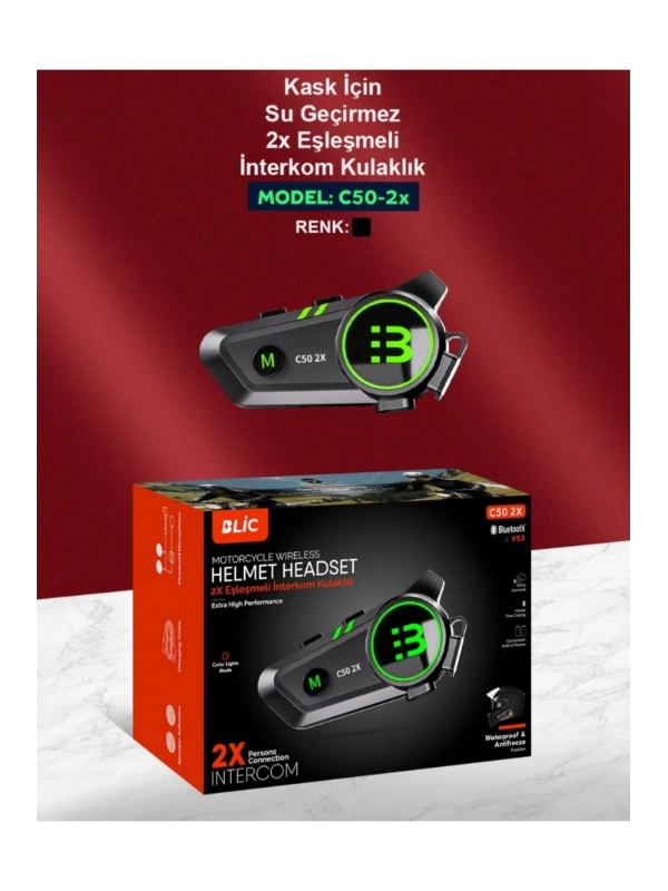 C50 2X Bluetooth 5.3 Kask Interkom Kulaklık 300M Kablosuz Motosiklet Kulaklık IPX7 Su Geçirmez 1100mA
