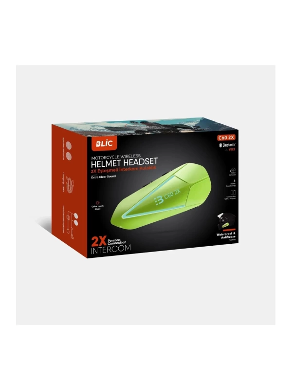C60 2X Kablosuz Kask Kulaklığı – Çift Kişilik Bluetooth Intercom Yeşil