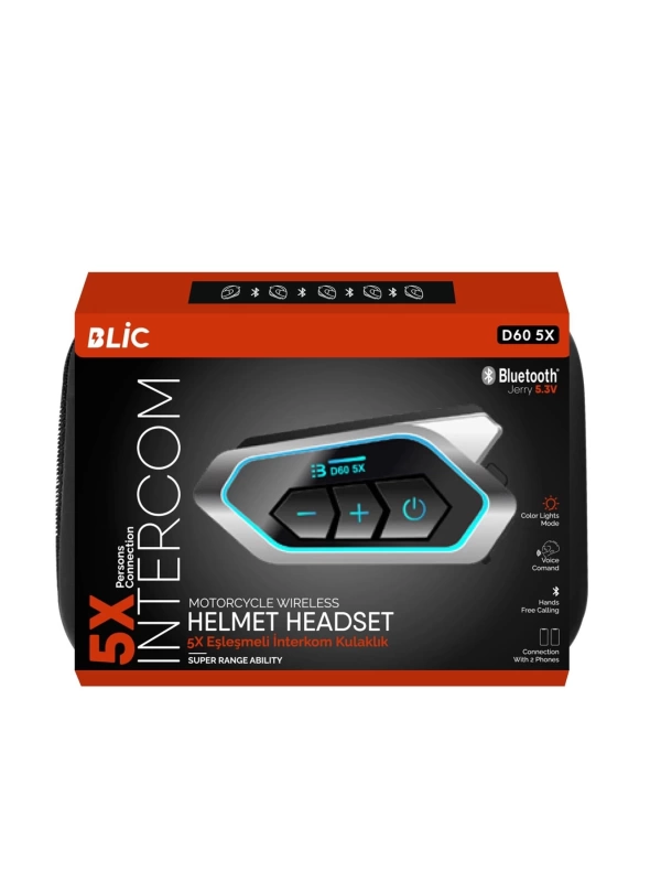Interkom D60 5X Motosiklet Kask Kulaklık Işıklı 1000ma Hands Free BT 5.3 Waterproof
