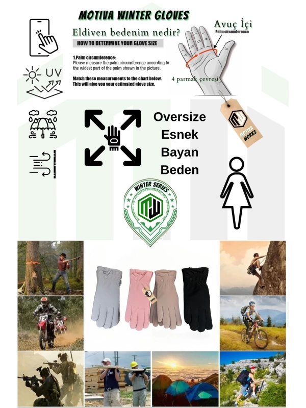Microfiber Kadın 12li içi Polarlı Oversize Eldiven Dokunmatik Kışlık Kaymaz Soğuk Hava Su İtici Eldiven