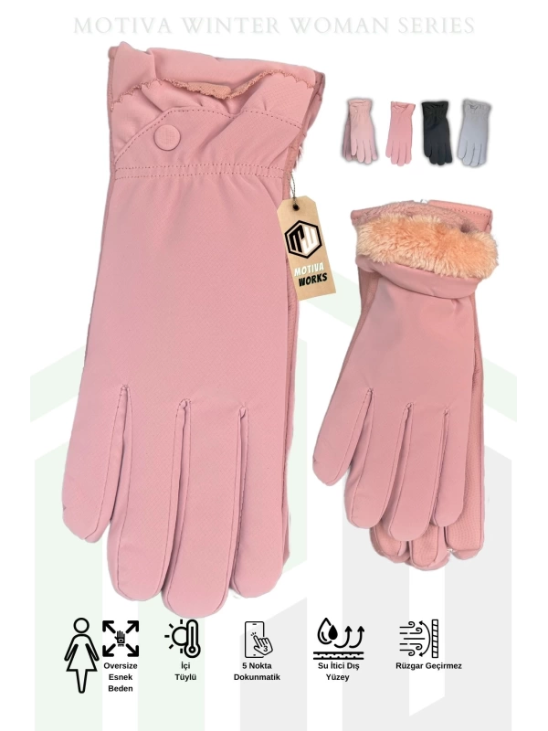 Microfiber Kadın Pembe içi Polarlı Oversize Eldiven Dokunmatik Kışlık Kaymaz Soğuk Hava Su İtici Eldiven