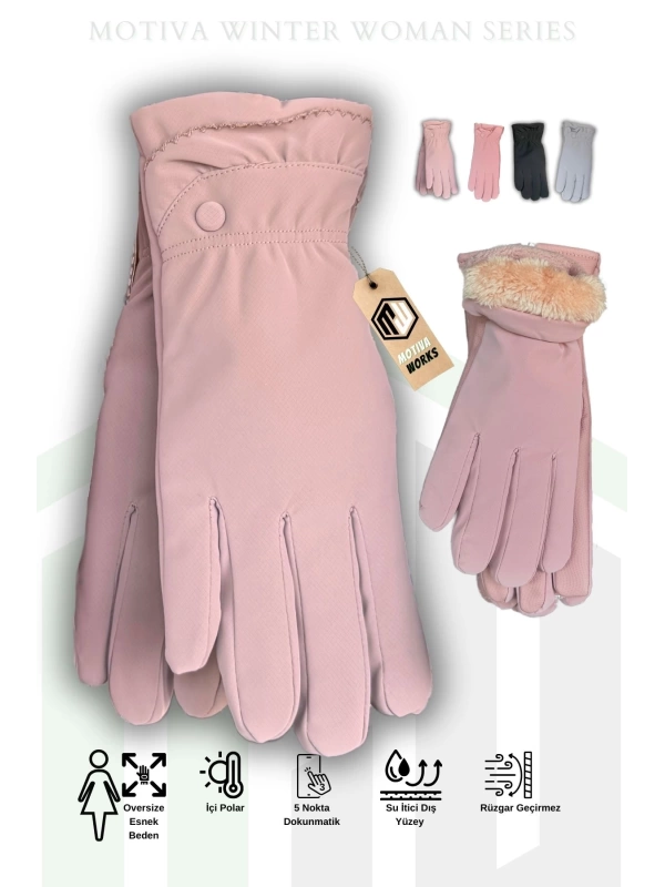 Microfiber Kadın Toz Pembe içi Polarlı Oversize Eldiven Dokunmatik Kışlık Kaymaz Soğuk Hava Su İtici Eldiven