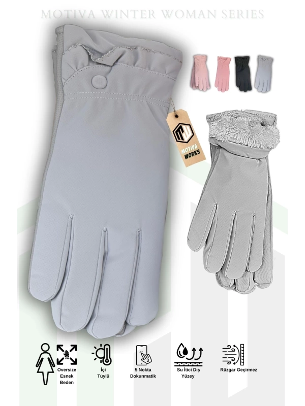 Microfiber Kadın Gri içi Polarlı Oversize Eldiven Dokunmatik Kışlık Kaymaz Soğuk Hava Su İtici Eldiven