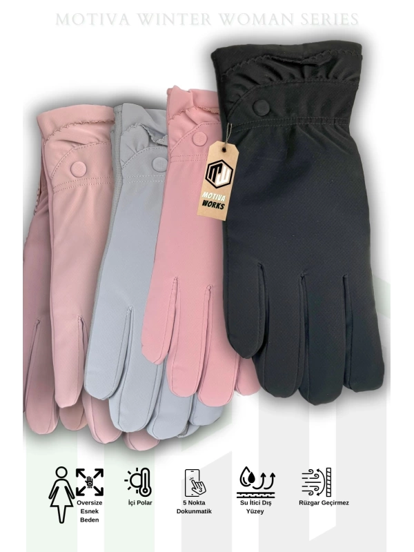 Microfiber Kadın 12li içi Polarlı Oversize Eldiven Dokunmatik Kışlık Kaymaz Soğuk Hava Su İtici Eldiven