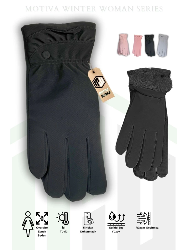 Microfiber Kadın Siyah içi Polarlı Oversize Eldiven Dokunmatik Kışlık Kaymaz Soğuk Hava Su İtici Eldiven
