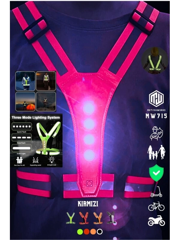 Reflektif Işıklı Yelek Kırmızı Fosforlu Neon Bisiklet, Motosiklet,Scooter Gece İkaz Uyarı Yeleği