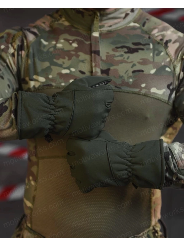 Su Geçirmez Softshell Haki Yeşil Motosiklet Taktik Askeri Spor Kışlık Kar Balıkçı Eldiveni