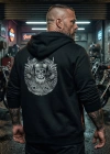 Zippered Sweatshirt with Skull Epaulette Print on Back and Logo Print on Inside of Hood
