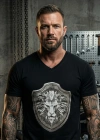 Lion Epaulet Printed V-Neck Mens Black T-Shirt
