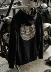 Schwarzes Sweatshirt mit Totenkopf-Epaulette-Print, Kängurutasche und Kapuze mit Reißverschluss und Camouflage-Print