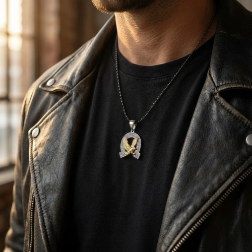 Special Surface Two-Color Coated Scalloped Eagle Guardian Medallion Necklace with Stone Edges