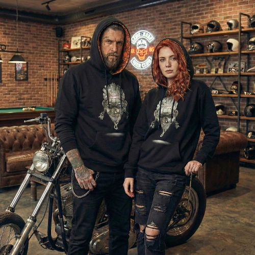 Front Skull Festival Printed Kangaroo Pocket Hoodie Orange Skulls Printed Black Sweatshirt