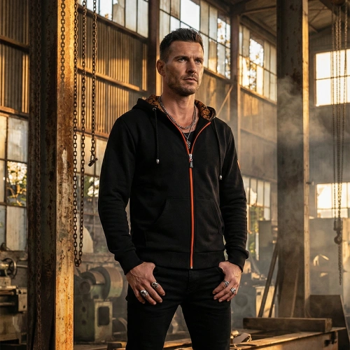 Zippered Sweatshirt with Skull Epaulette Print on Back and Logo Print on Inside of Hood