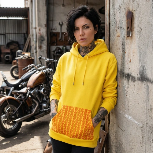 Custom Skull Printed Hooded Yellow Sweatshirt with Kangaroo Pocket