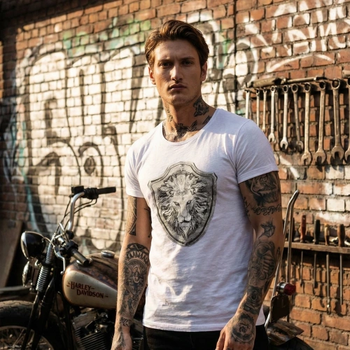 Lion Epaulette Printed Crew Neck Mens White T-Shirt