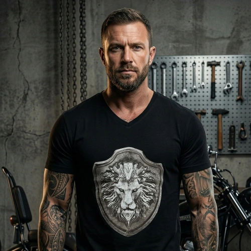 Lion Epaulet Printed V-Neck Mens Black T-Shirt