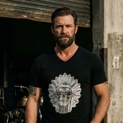 Kızılderili Baskılı V Yaka Erkek Siyah Tişört