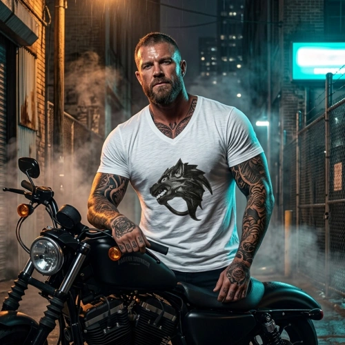 Ejderha Baskılı V Yaka Erkek Beyaz Tişört