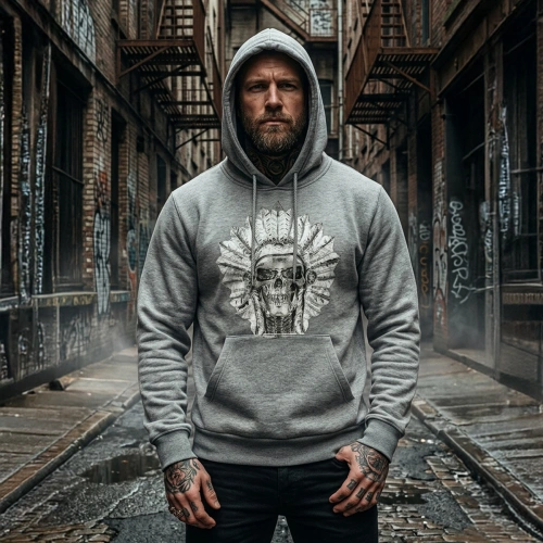 Graues Sweatshirt mit Indianer-Print, Kapuze vorne, Camouflage-Print