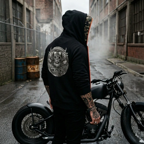 Schwarzes Sweatshirt mit Totenkopf-Epaulette-Print, Kängurutasche und Kapuze mit Reißverschluss und Camouflage-Print