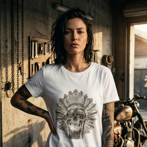 Native American Bedrucktes T-Shirt mit Rundhalsausschnitt Weiß