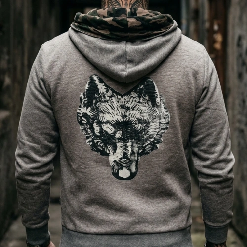 Hooded Gray Camouflage Sweatshirt with Wolf Head Print on Back