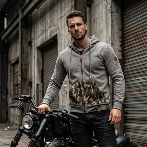 Camouflage Printed Zippered Hooded Gray Sweatshirt