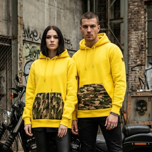 Hooded Printed Yellow Sweatshirt Kangaroo Pocket Front Camouflage Printed Back Full Moon Abundance Cycle Printed