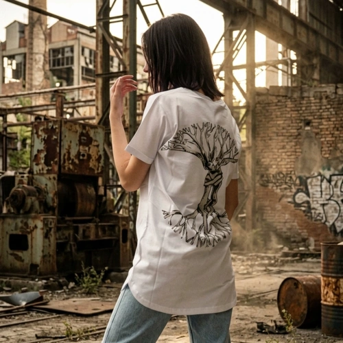 V-Neck Womens White Long T-Shirt with Love Sycamore Printed Back