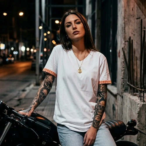 V-neck Womens White Long T-Shirt with Skull Print on Sleeves